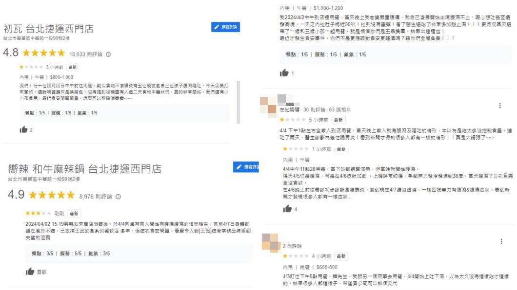 「初瓦」、「嚮辣」西門店被1星負評洗版。(圖/翻攝自Google評論)