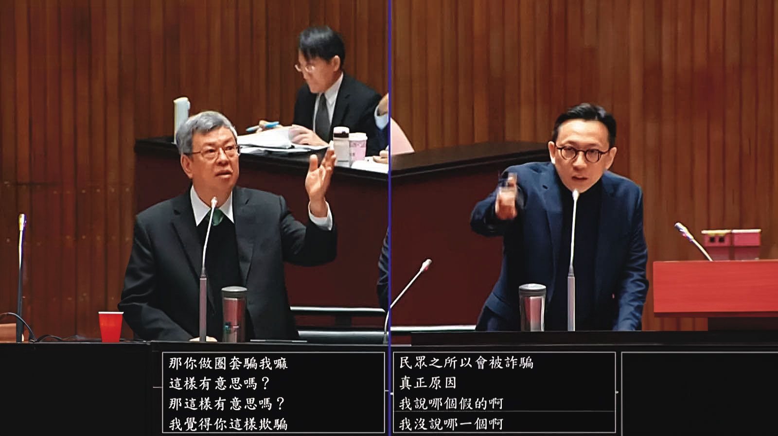 溫和形象的陳建仁(左)日前總質詢時態度大變,頻頻向藍委葛如鈞(右)等人嗆聲。(圖/翻攝自國會頻道)