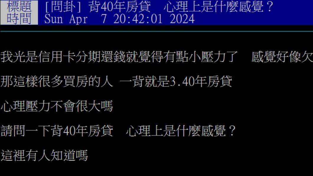 原PO好奇問「揹40年房貸,心理上是什麼感覺?」(圖/翻攝自PTT)