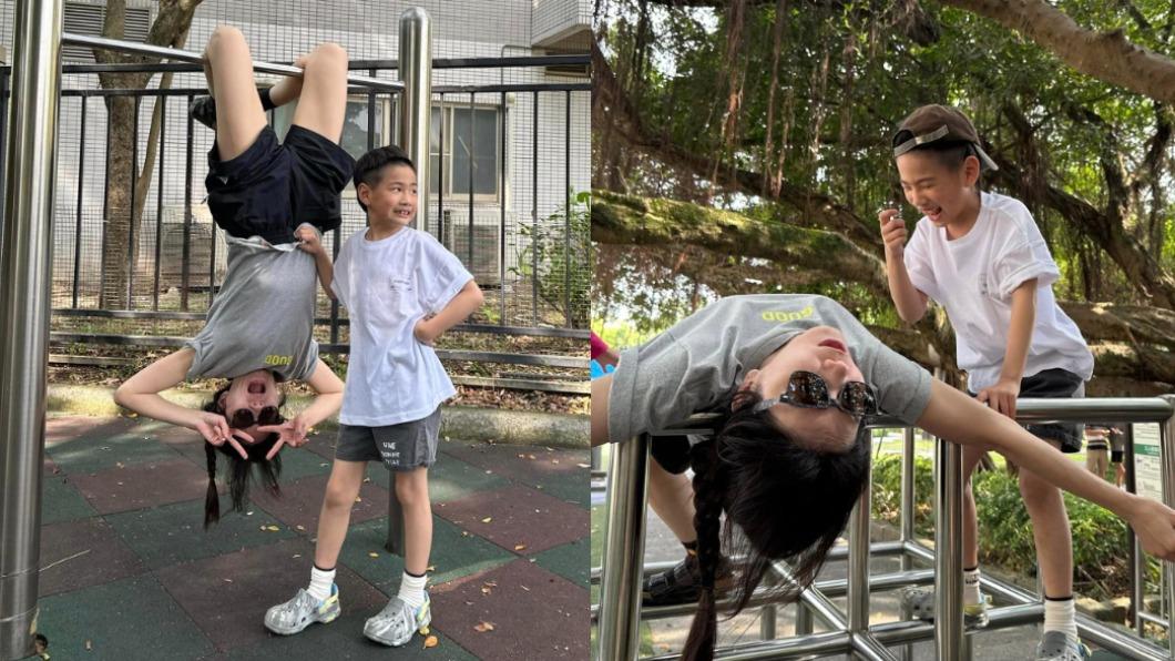 Ella認真工作之餘,也陪伴兒子玩耍,勁寶甚至幫媽媽拉高衣服,以免走光。(圖/翻攝自Ella臉書)