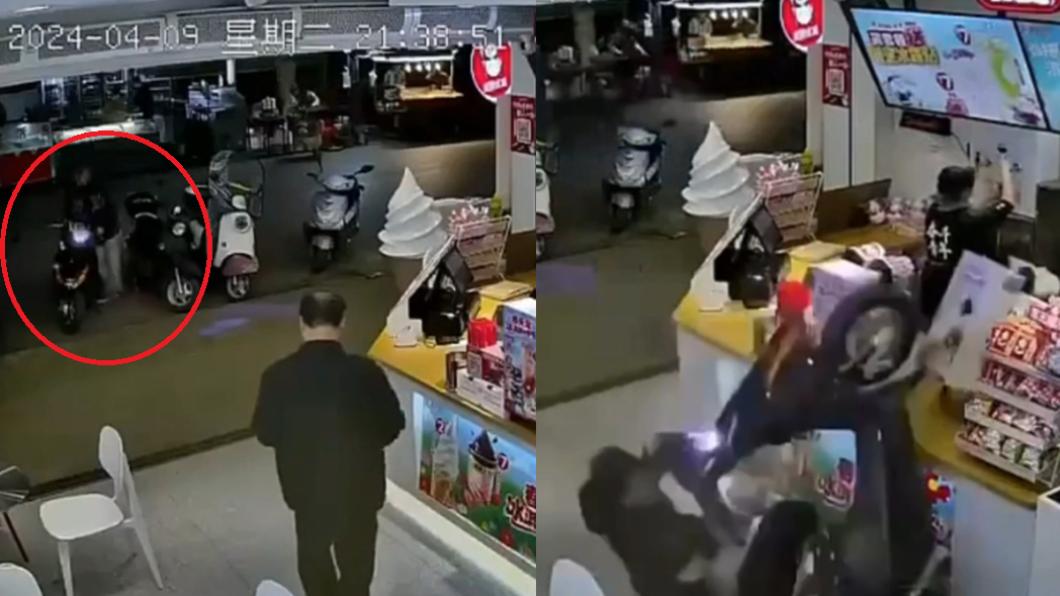 陸男油門一催上演「翹孤輪」!機車爆衝店內 他等飲料慘被撞