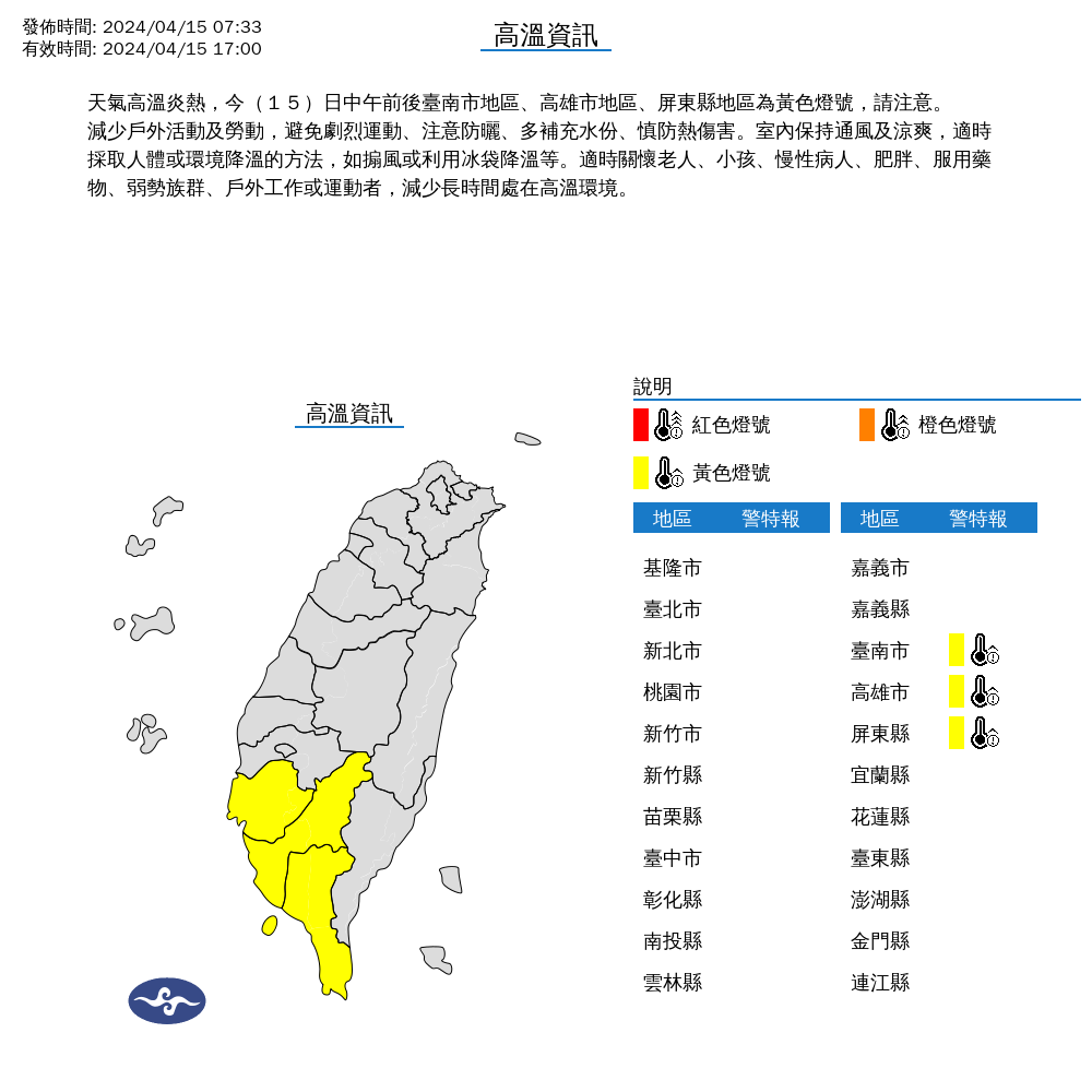 氣象署今(15)日發布高溫警訊。(圖/氣象署提供)