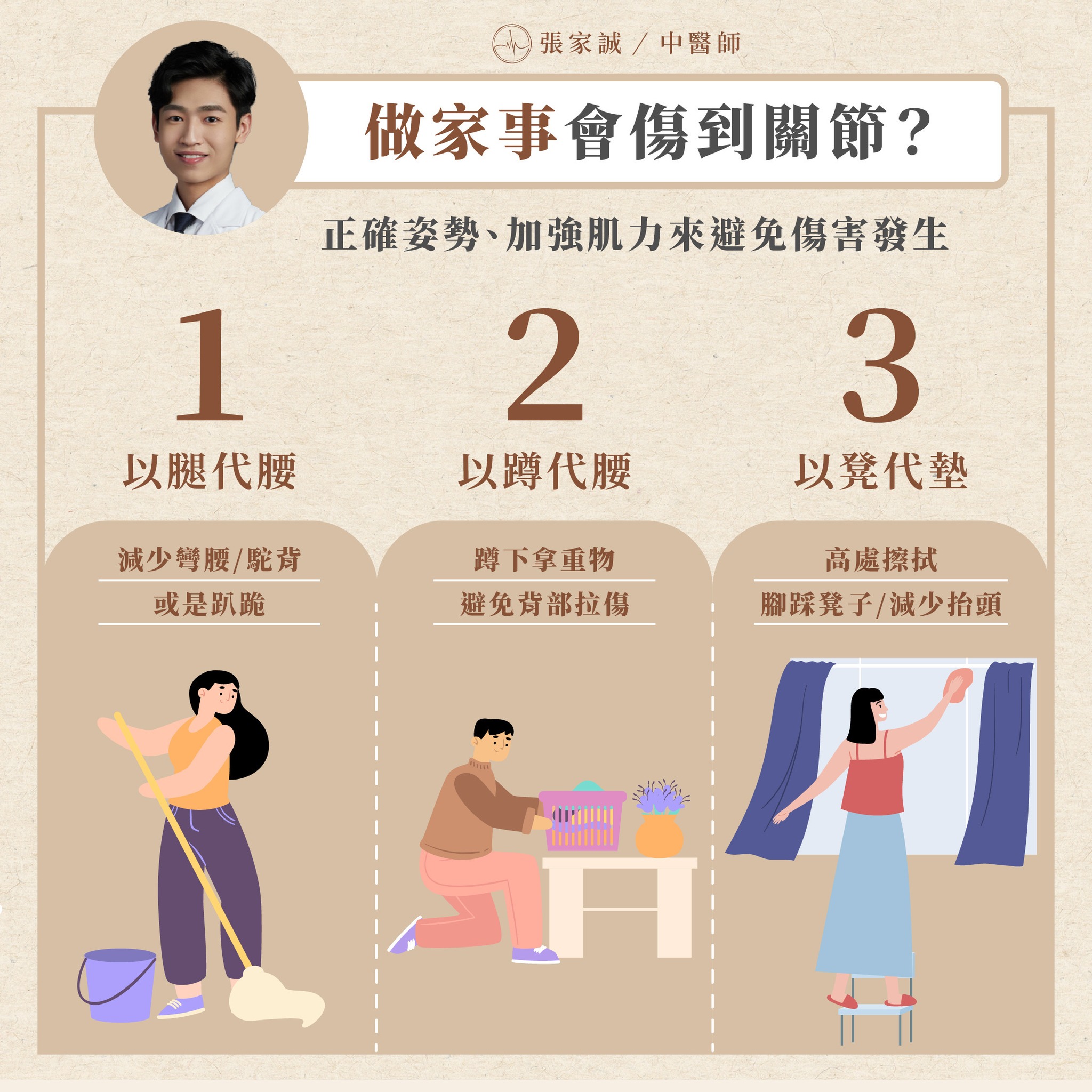 做家事的3個正確姿勢。(圖/張家誠醫師提供)