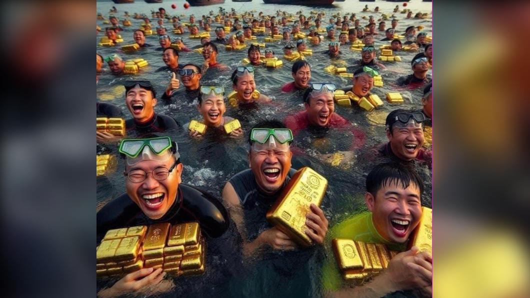 網友惡搞大量民眾跳進海裡尋寶的圖片。(圖/翻攝自X@trandat87)
