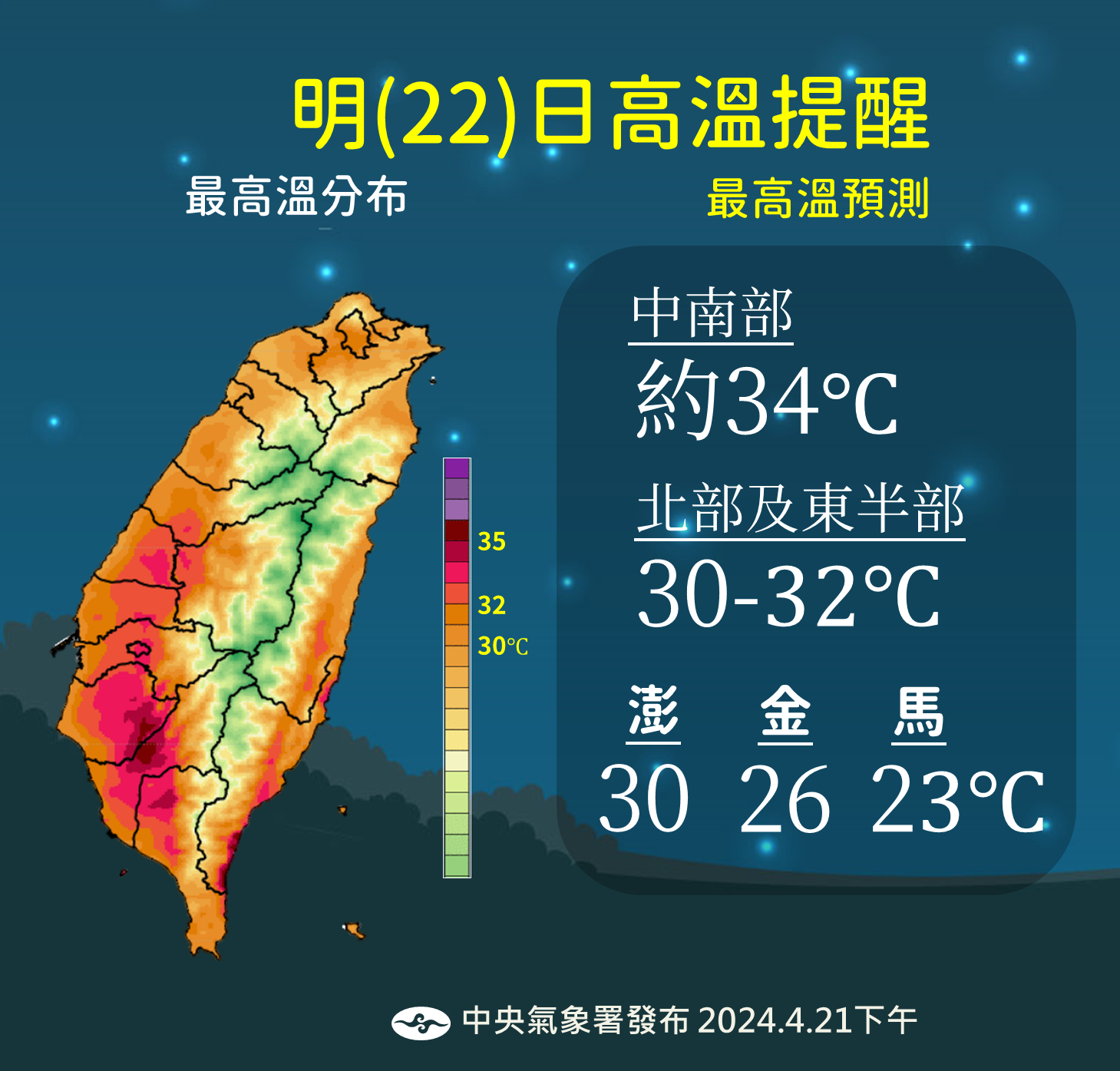 明(22)日高溫預測。 (圖/氣象署提供)