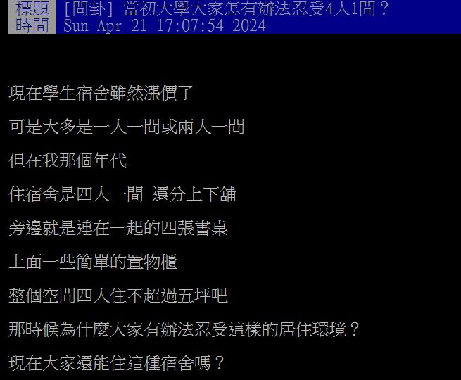 原PO好奇過去怎麼忍受大學住宿生活,結果眾人一面倒認為那是永生難忘的回憶。(圖/翻攝自PTT)
