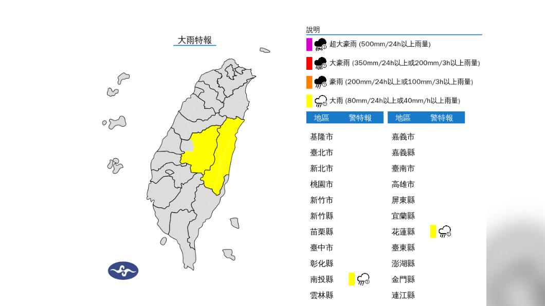 快訊/鋒面來襲!花蓮南投大雨特報「下到入夜」 3縣市明防36度高溫