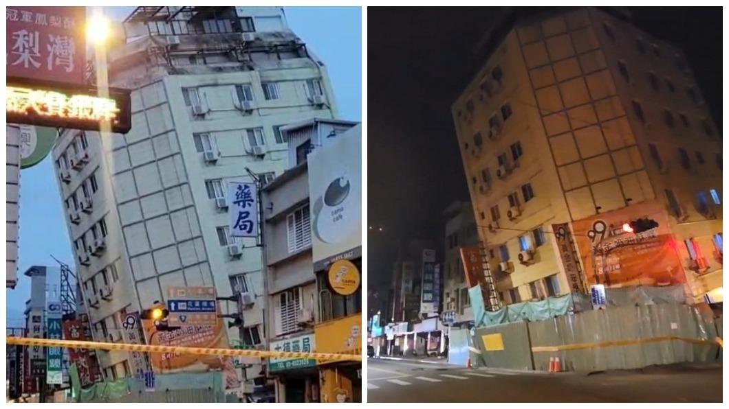 0403大地震後餘震不斷,4月23日又導致統帥大樓、富凱大飯店進一步傾倒。(合成圖/TVBS)
