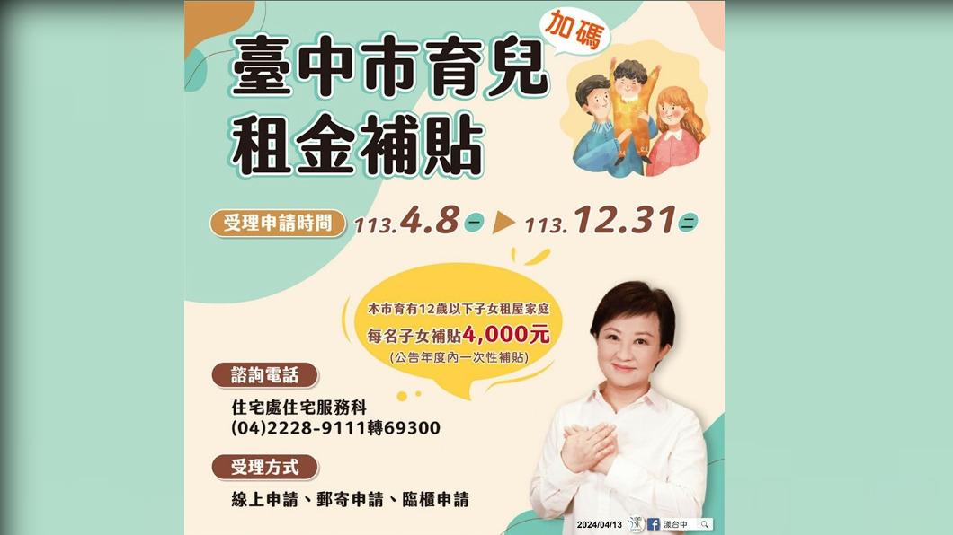 台中市育兒租金補貼。圖／漾台中ＦＢ