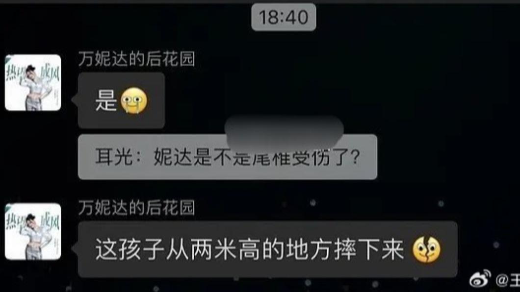 粉絲在群組裡爆料萬妮達從高處摔落,造成尾椎受傷。(圖/翻攝自王牌教父微博)