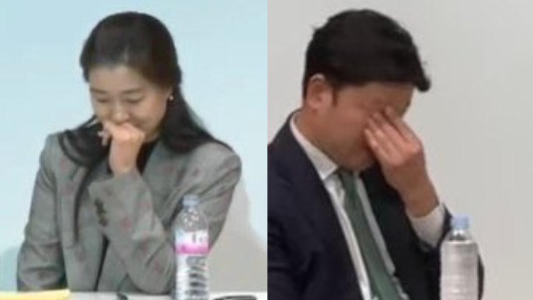 記者會上,閔熙珍的兩位陪同律師低頭沈思的模樣,成為網友的話題焦點。(圖/翻攝自X)