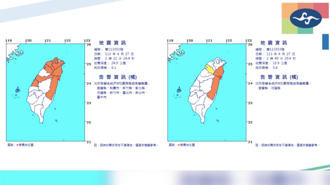 氣象署地震告警資訊。(圖/氣象署)