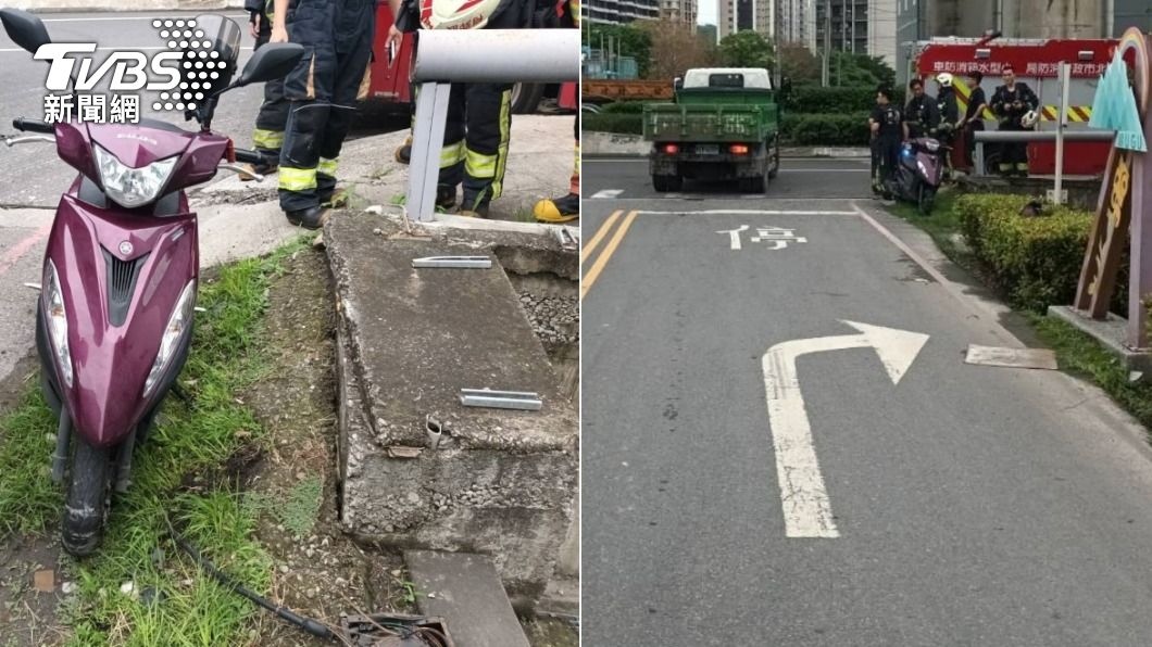 雙載機車右轉時不慎自撞橋墩,乘客摔下右方的花圃內。(圖/TVBS)