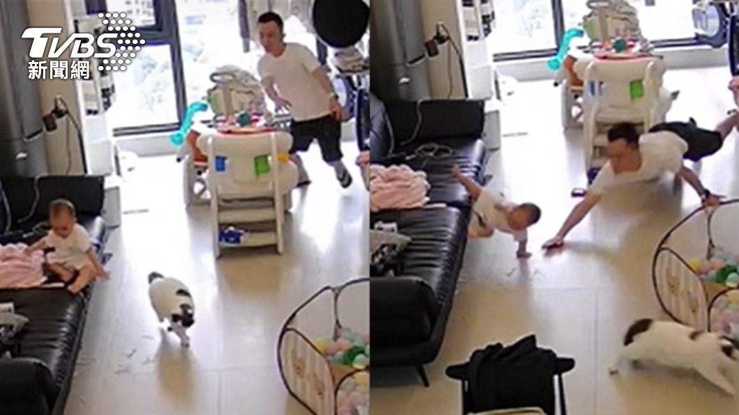 機警的父親以「魚躍式」飛撲救兒,家中貓咪被嚇到落跑。(圖/達志影像美聯社)