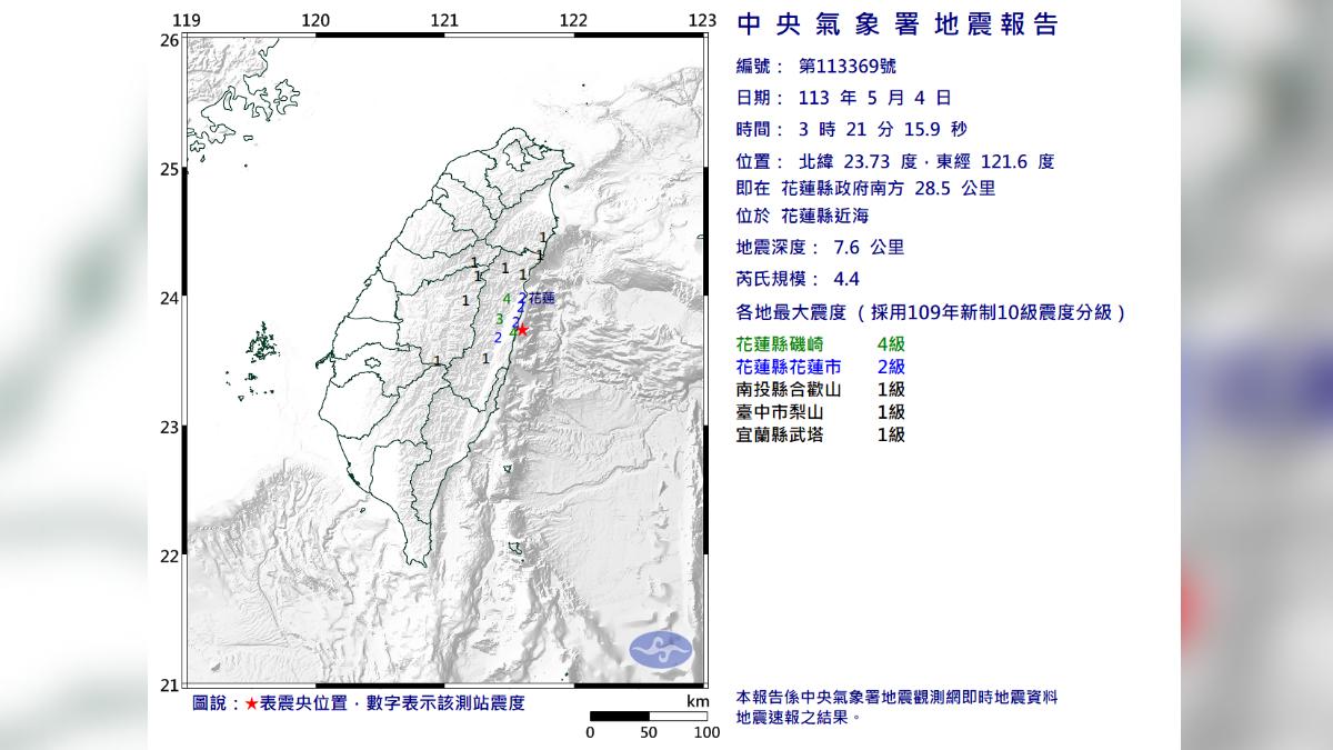 花蓮縣近海規模4.4地震 最大震度花蓮縣4級