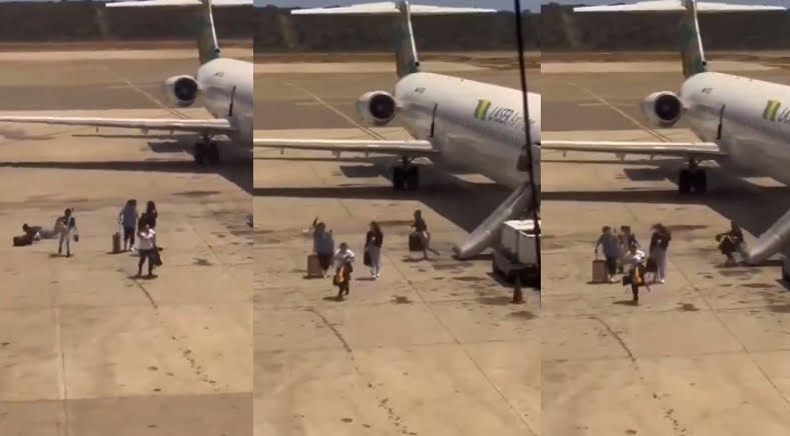 委內瑞拉雷射航空起飛時機身突冒濃煙,乘客被緊急疏散時,竟拖行李箱一起逃生。(圖/翻攝自X@Enrique77W)