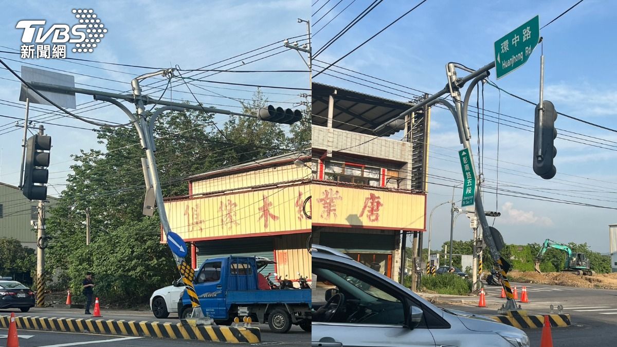 彰化曳引車撞歪號誌桿「斜躺45度」 紅綠燈被擊落垂吊半空中