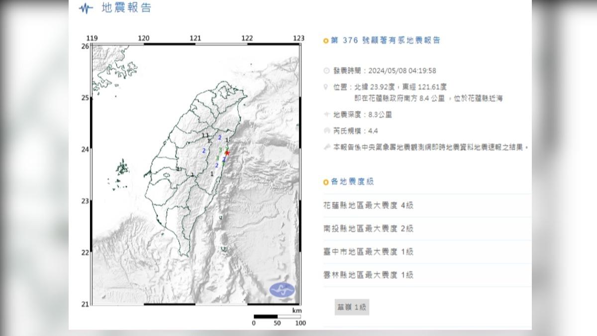花蓮縣近海芮氏規模4.4地震　最大震度花蓮縣4級