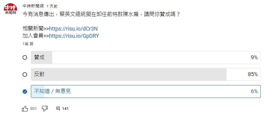 「特赦陳水扁」網路投票。（圖／翻攝自中時新聞網YouTube） 