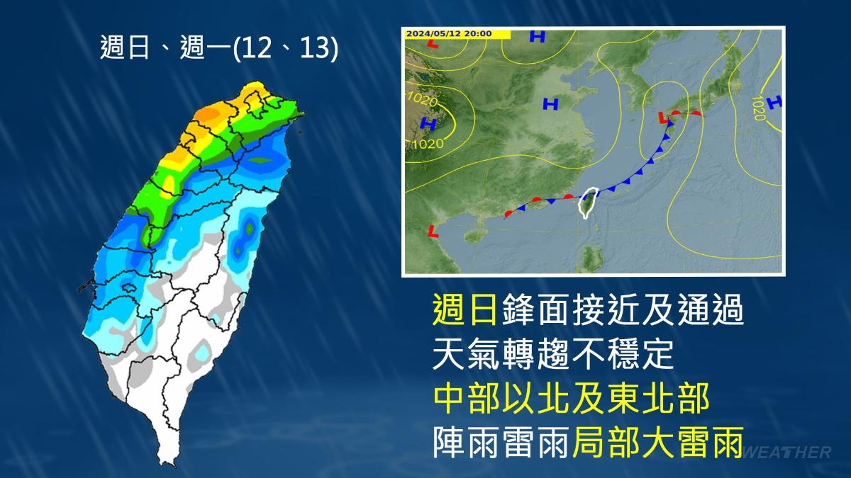 週日鋒面接近,各地將有局部短暫陣雨。(圖/TVBS)