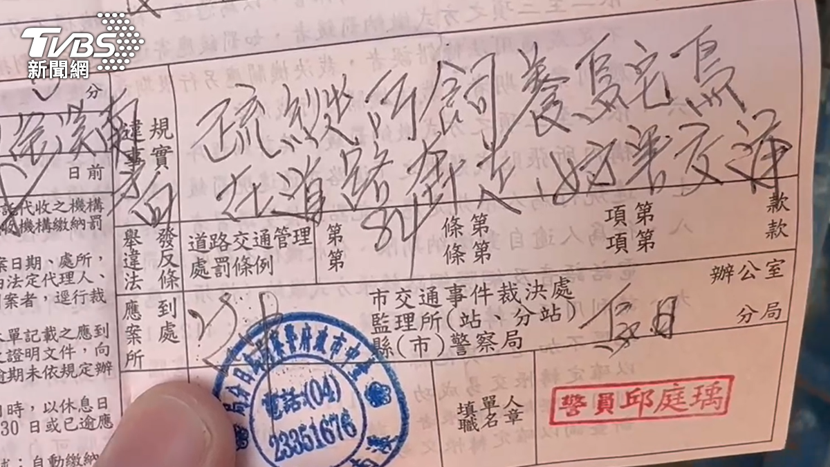 警方對飼主開出妨害交通罰單。（圖／TVBS）