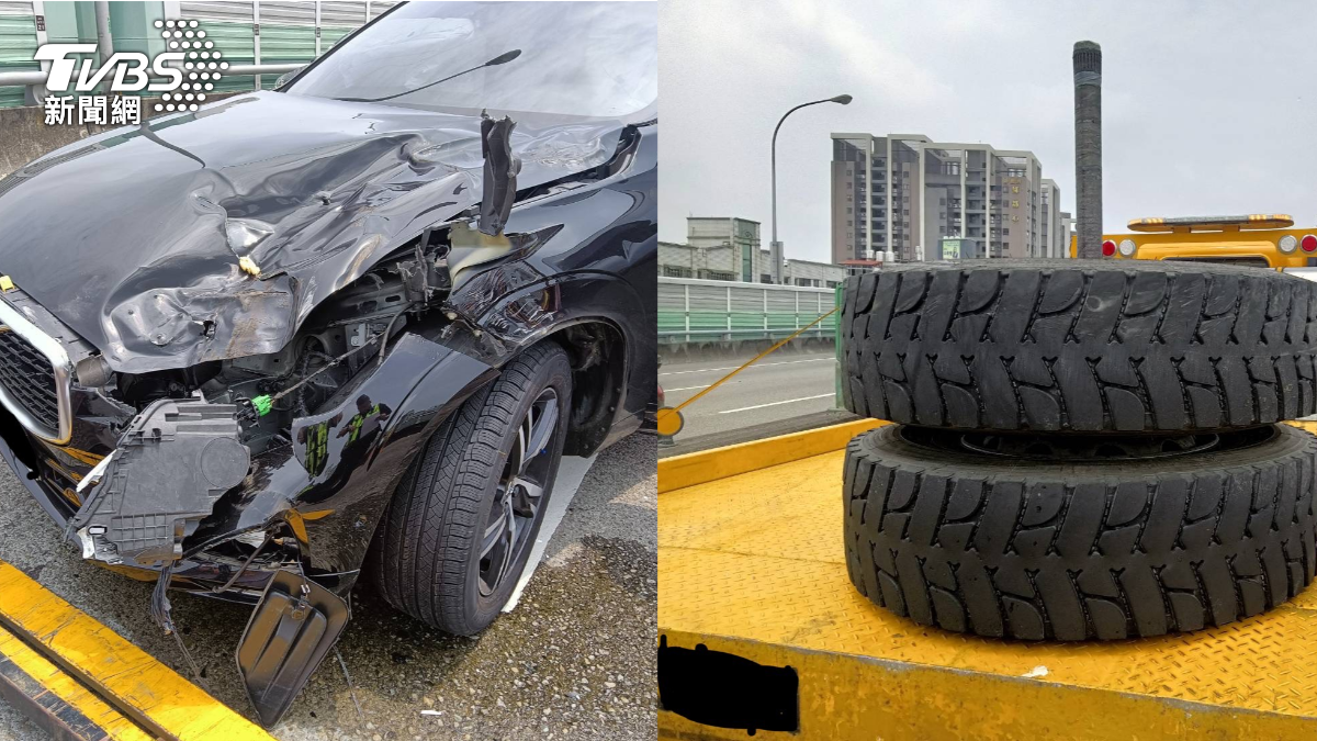國三龍潭段飛出巨大輪胎!砂石車輪脫落 害小客車車頭凹爛