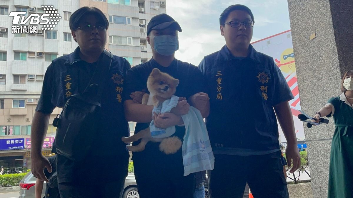 張男被上銬帶回警局,手中還抱著愛犬。(圖/曾健銘攝)