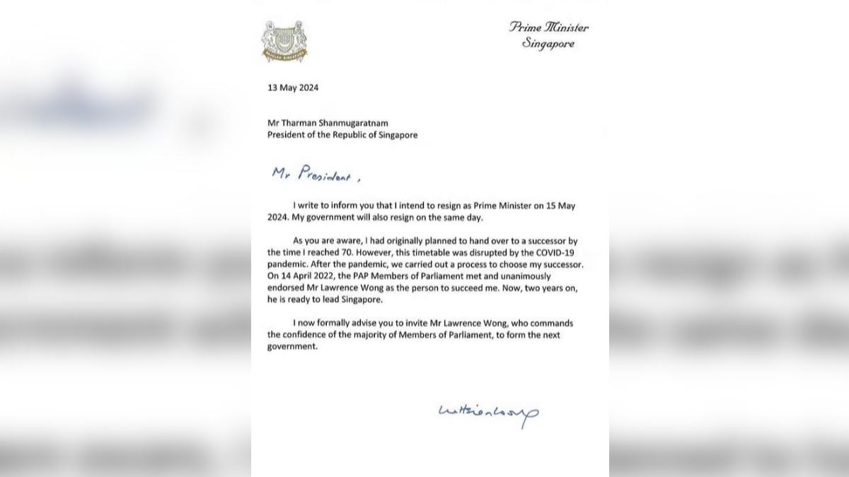 李顯龍辭呈。(圖/翻攝自 新加坡總理公署)