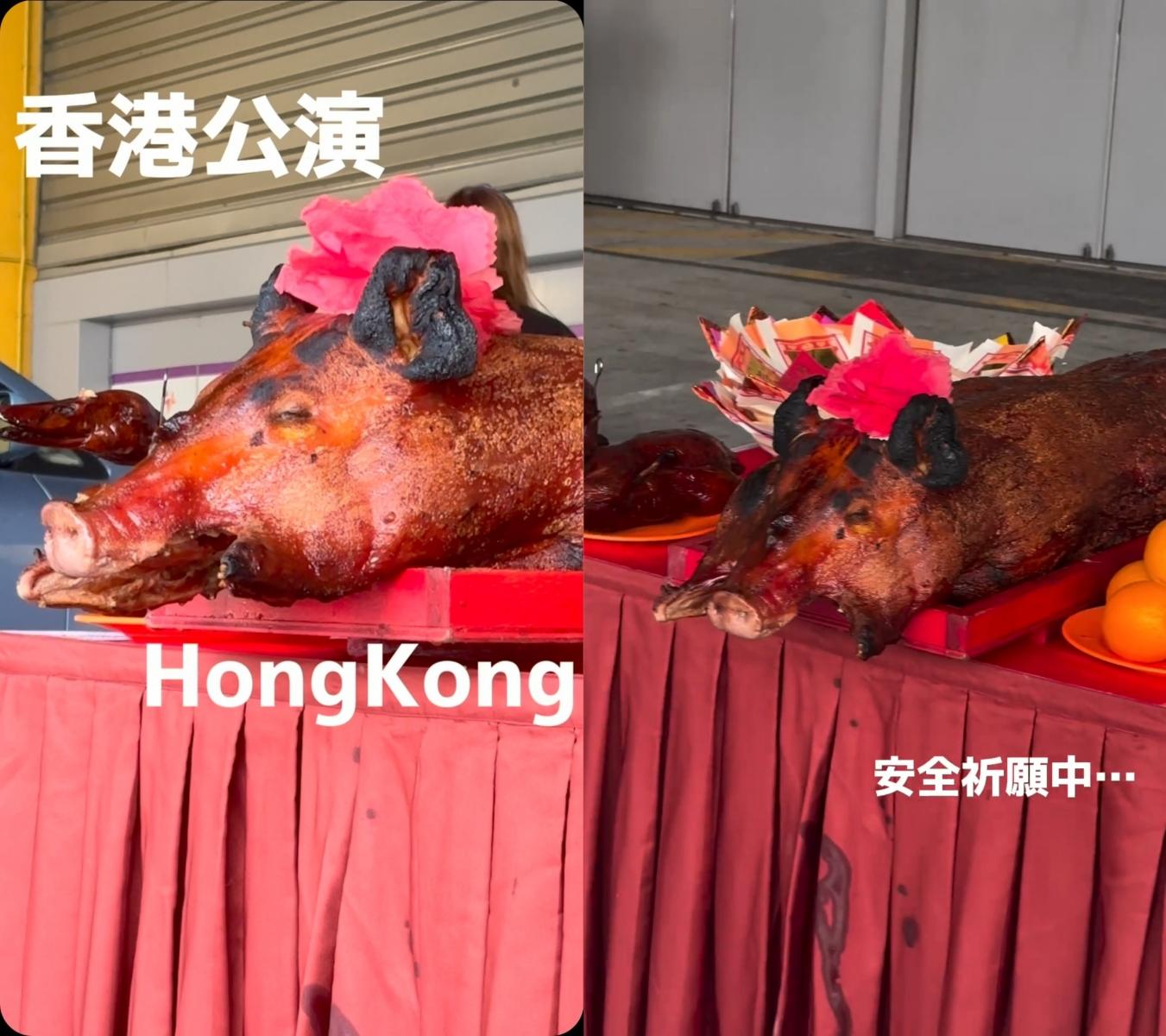 十明看到香港祭拜用的烤乳豬時嚇了一大跳。(圖/翻攝自十明IG)
