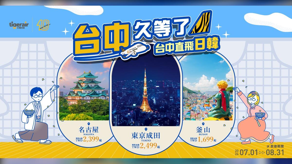 台灣虎航則宣布即日起將開賣台中-東京成田、台中-名古屋、台中-釜山3條新航線。(圖/虎航提供)
