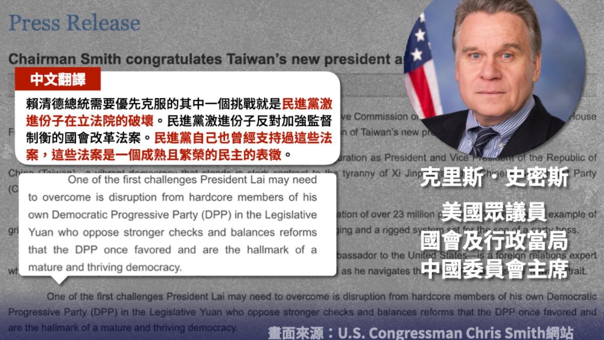 國民黨立委王鴻薇指出，美國眾議員也認為民進黨內有激進份子反對國會改革法案。（圖／翻攝王鴻薇臉書）