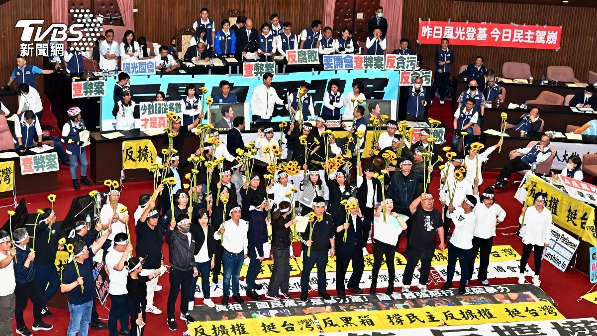 民進黨立委在議場內高舉太陽花。（圖/胡瑞麒攝）