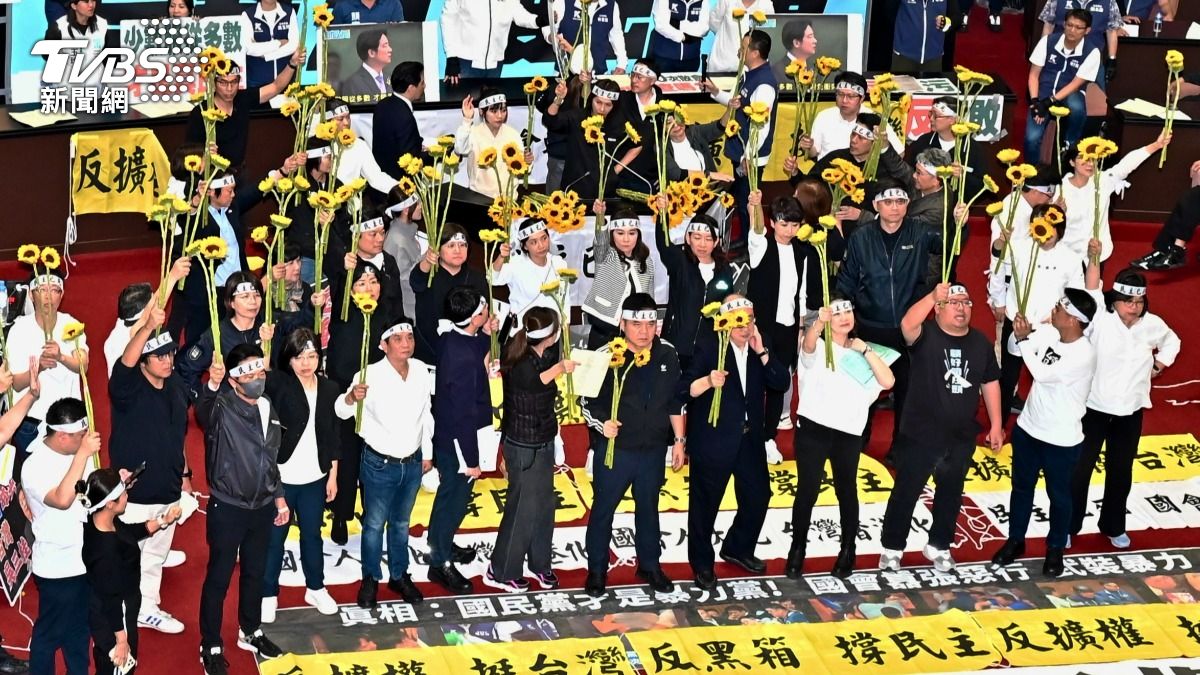 民進黨立委在議場內高舉太陽花。（圖/胡瑞麒攝）