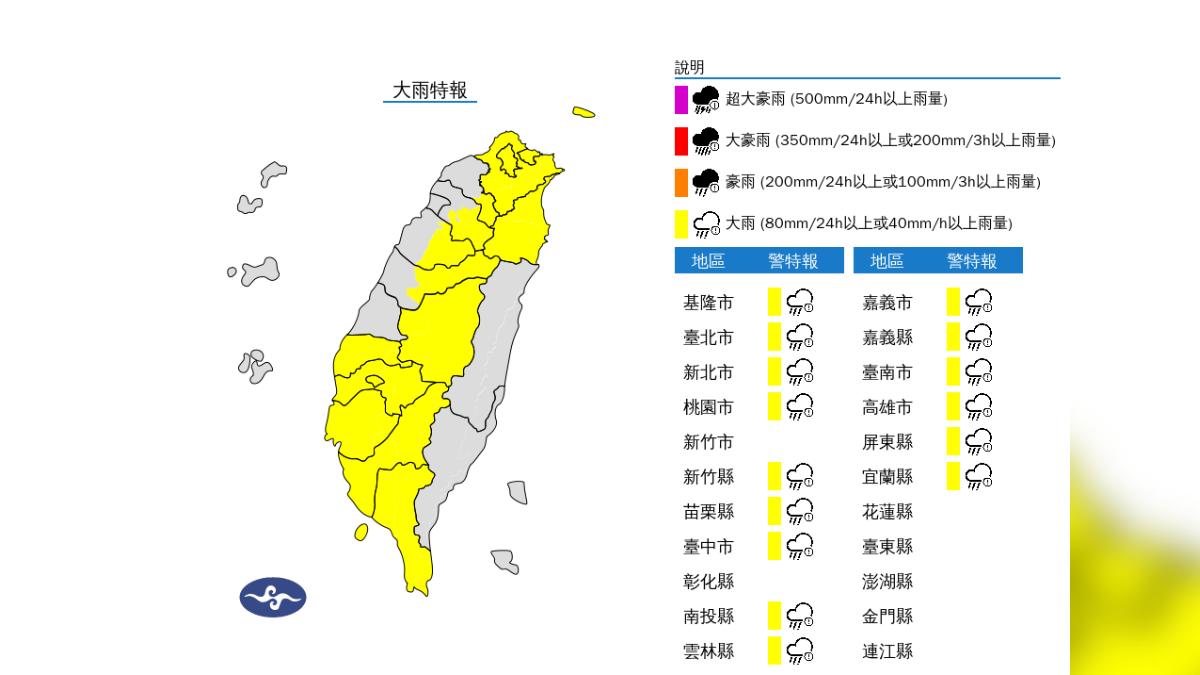 快訊/雨彈來襲!北北基等15縣市大雨特報 4地大雷雨警戒