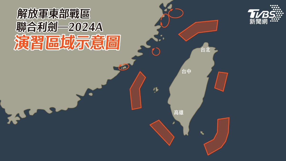解放軍軍演區域包含5大紅區,幾乎包圍台灣。(圖/TVBS 曾梓倩 製)