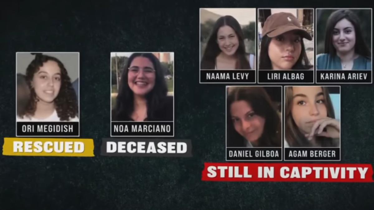 釋出影片中的7名被俘以色列女兵,目前一人獲救、一人死亡,其餘5人仍受困加薩。(圖 /翻攝自NBC新聞影片)