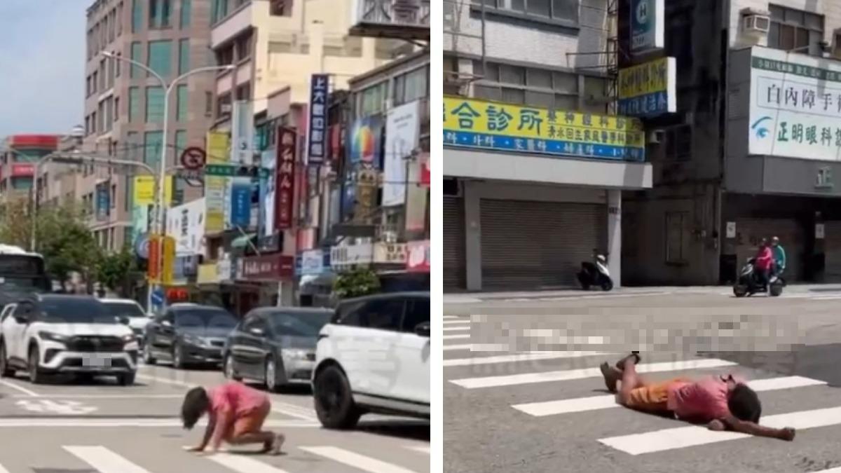 怪女斑馬線上「華麗前滾翻跪拜」！一排駕駛全看傻不敢動