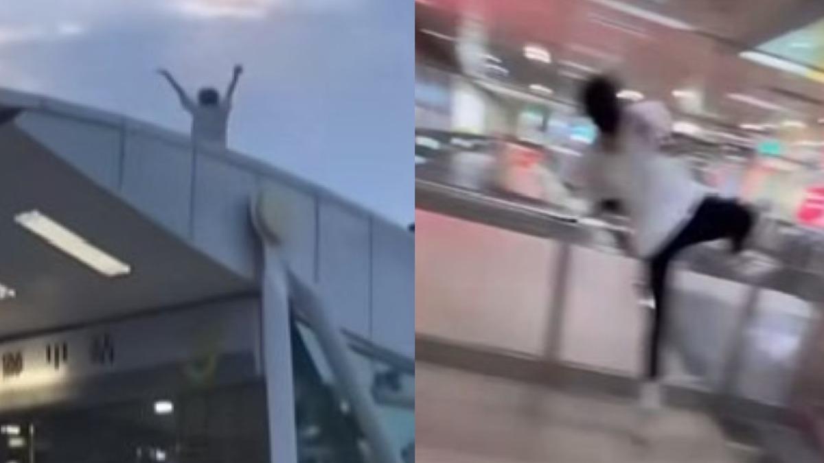 該群少年不治攀上捷運站頂,甚至還在站內跑酷、翻過圍籬逃票。(圖/翻攝自臉書)