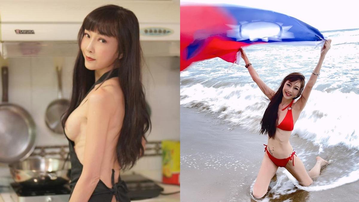 胡文英穿著風格火辣,並且熱愛帶著國旗出門旅遊。(圖/翻攝自胡文英臉書)