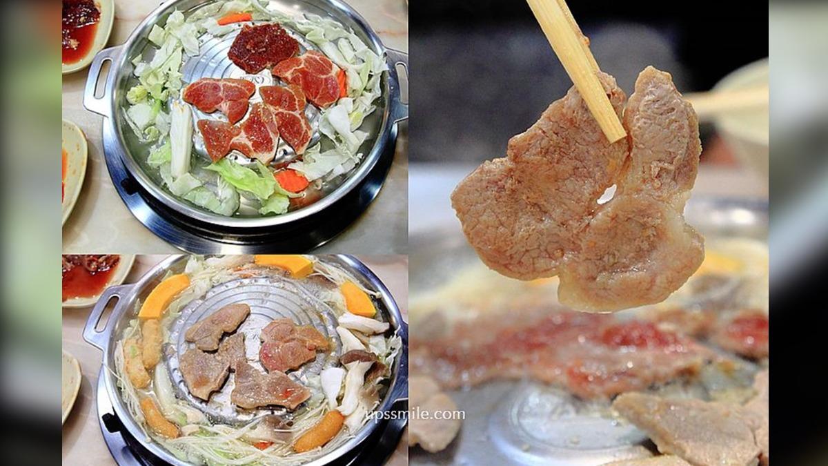把肉鋪在烤盤上，要注意不要空燒，等熟了後就轉小火。（圖／UPSSMILE向上的微笑萍子提供）
