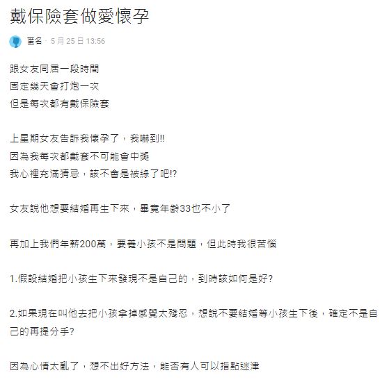 原PO被女友告知「當爸」後,忍不住質疑是否被綠。(圖/翻攝自Dcard)