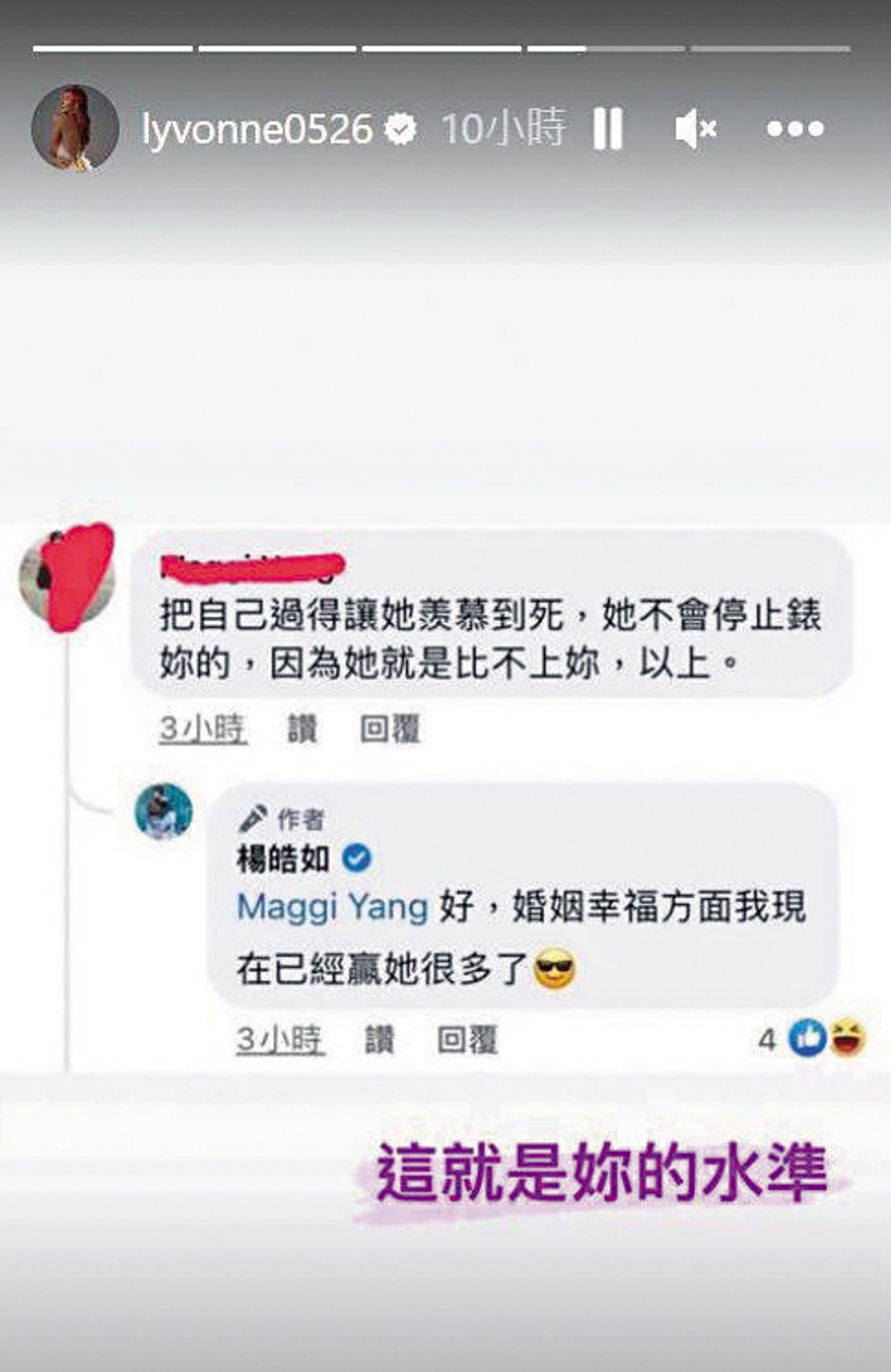 楊皓如諷刺劉雨柔婚姻不幸福,氣得劉雨柔大罵:「這就是妳的水準。」(圖/翻攝自劉雨柔IG)