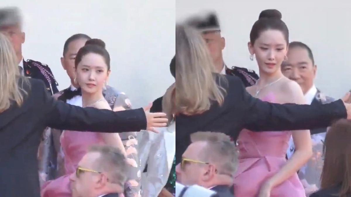 潤娥被保鑣阻擋拍照,露出尷尬表情。(圖/翻攝自X @4lynnie_NY)