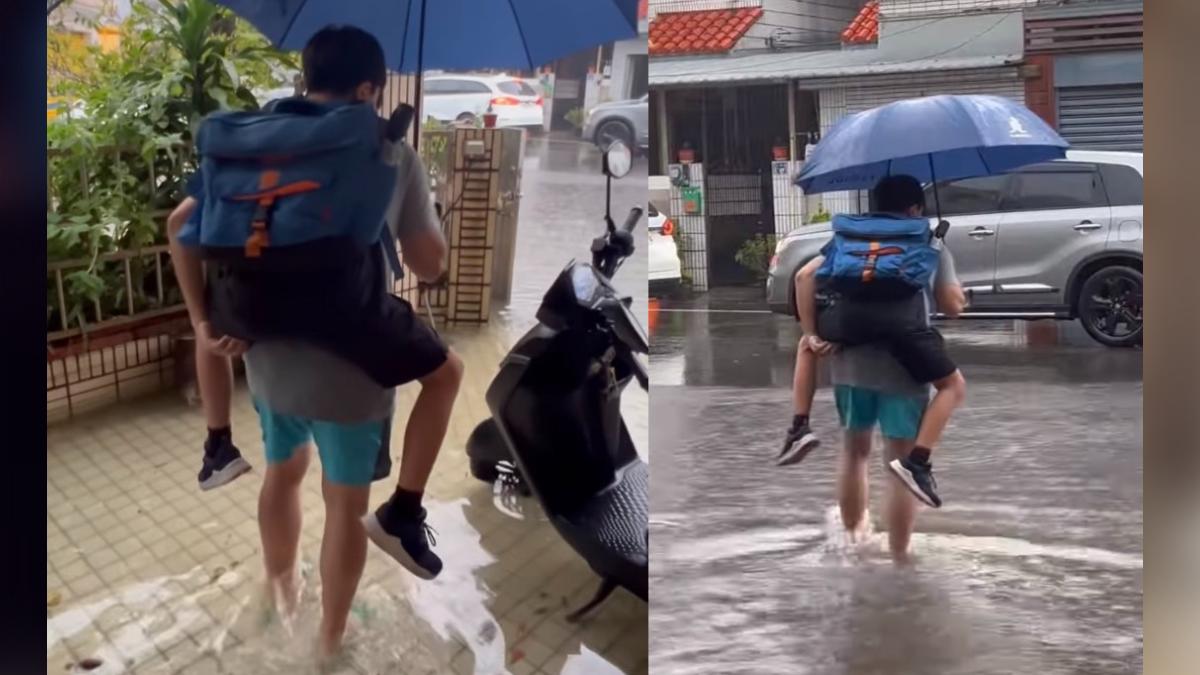 苗栗馬路淹水!爸揹兒涉水上學 民怨:10次大雨5次淹