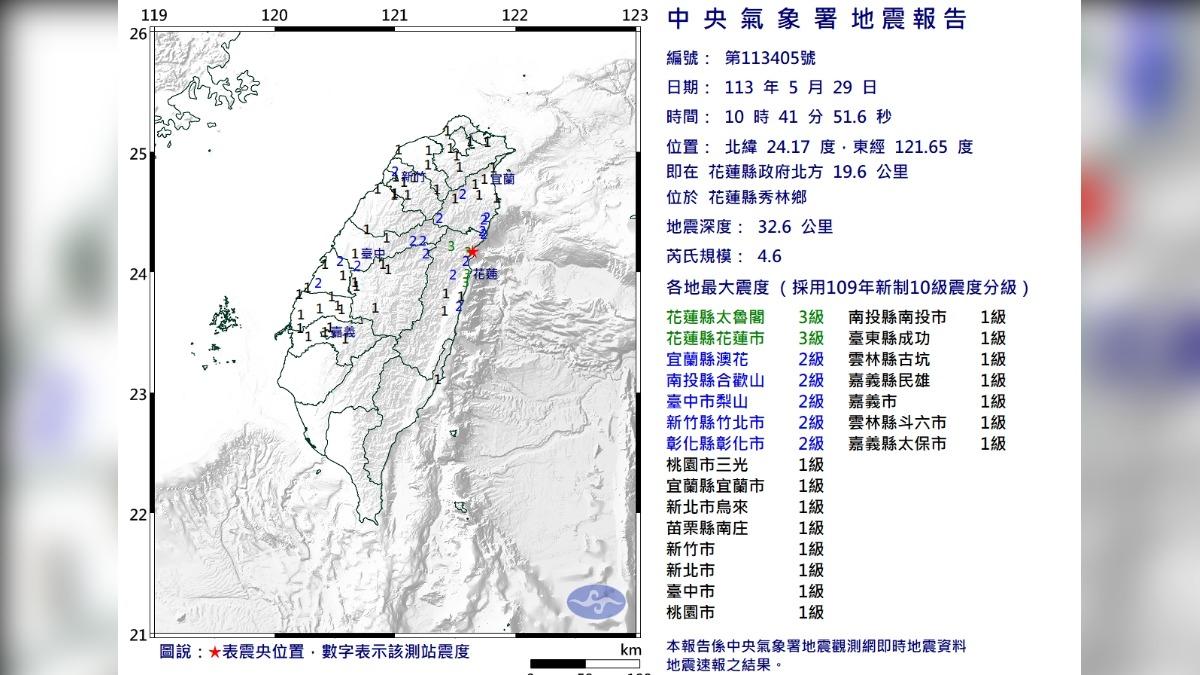 快訊／10:41地牛翻身！花蓮規模4.6地震　最大震度3級