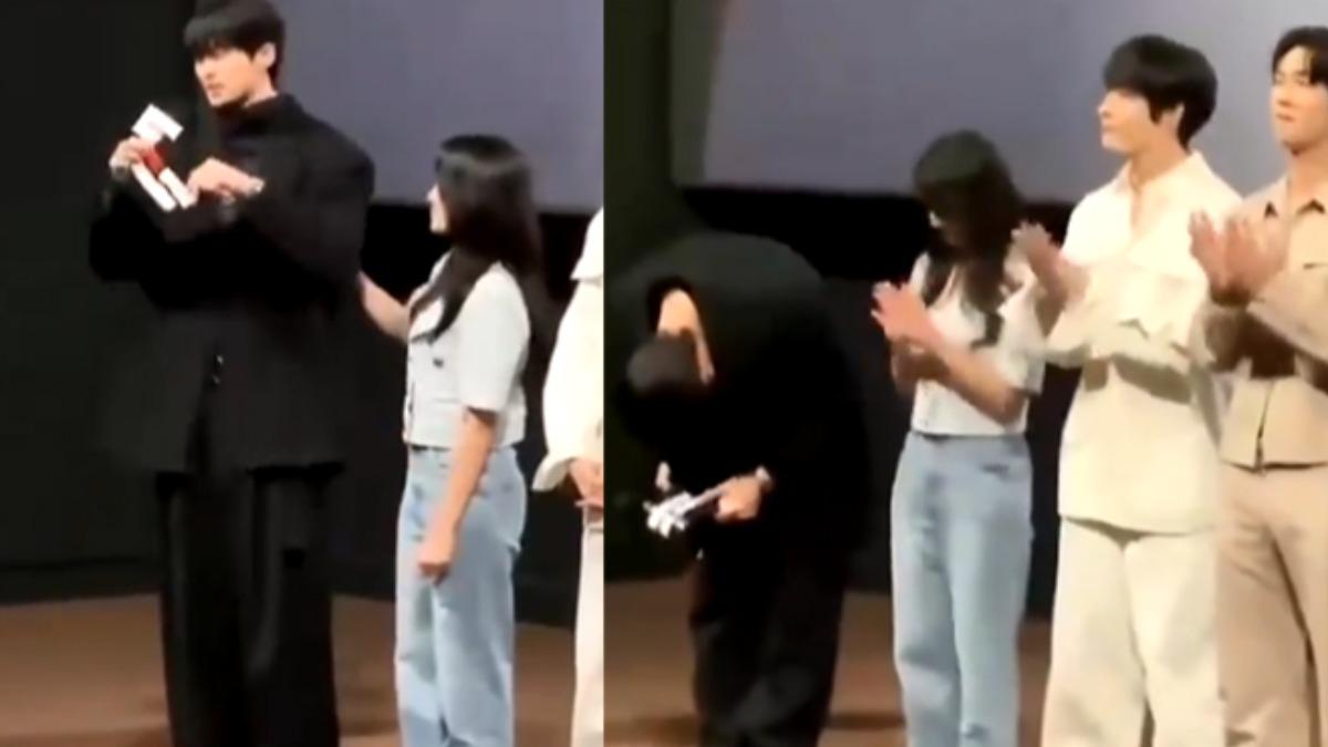 邊佑錫落下男兒淚,彎腰鞠躬答謝《背著善宰跑》粉絲。(圖/翻攝自X)