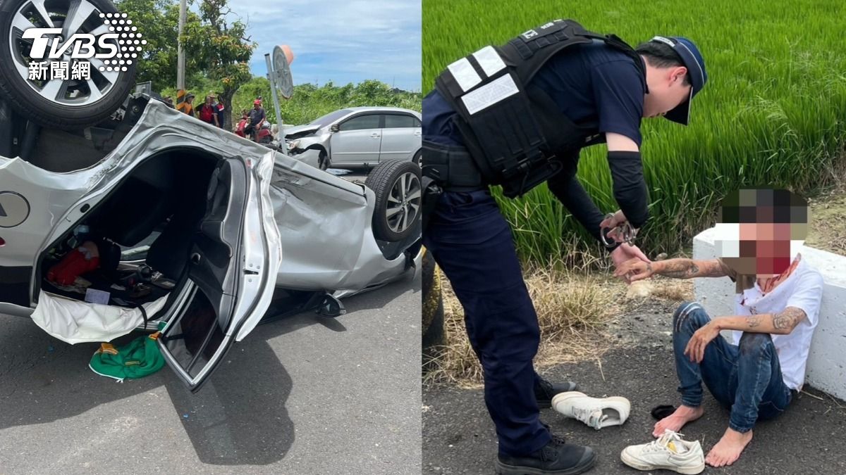 對撞後其中一台轎車當場烏龜翻，而翻覆車輛的駕駛竟為通緝犯。（圖／TVBS）