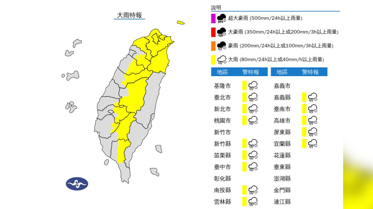 快訊／雨彈來襲！14縣市大雨特報　警戒區域出爐