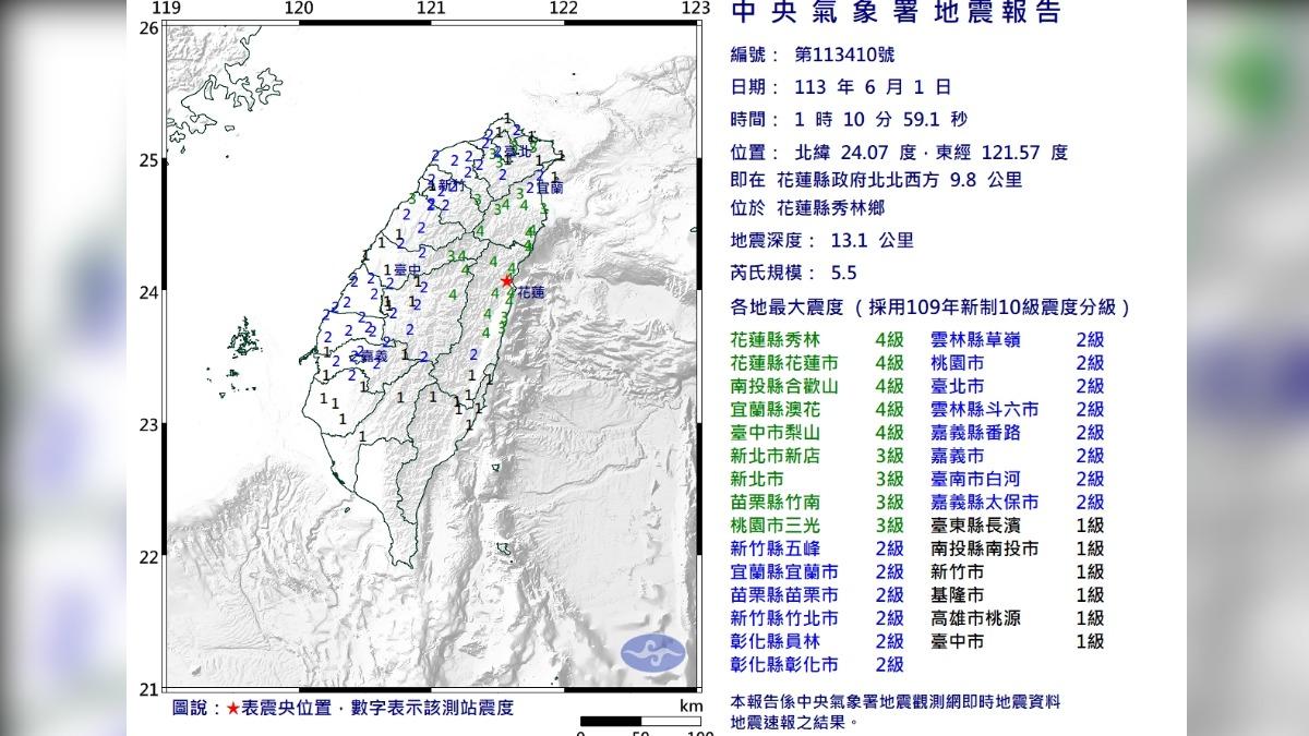 快訊/01:10花蓮規模5.5淺層地震 最大震度4級雙北明顯搖晃