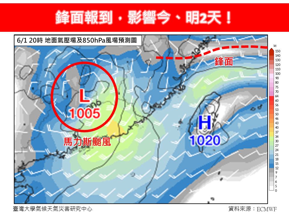 馬力斯併入鋒面後援水氣豐沛,今、明2日天氣全台降雨機率高。(圖/翻攝自林老師氣象站臉書)